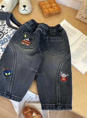 QK256349男童加绒牛仔裤2025秋冬新款可爱卡通韩版秋冬加绒牛仔裤