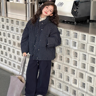 女童加厚棉服2025新款秋冬洋气时髦韩系儿童宽松格子棉衣外套