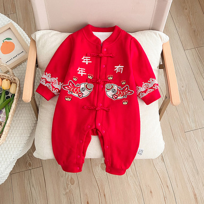 婴儿衣服拜年喜庆春秋薄款中式男宝连体衣满月百天周岁拜年
