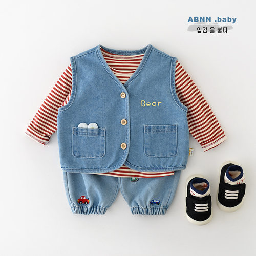 越己服饰新款韩版儿童牛仔马甲 男女童宝宝卡通小熊无袖上衣53522