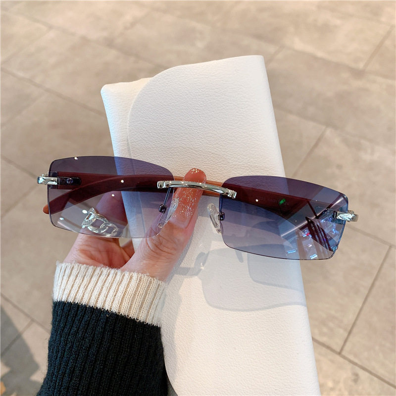 现货时尚太阳镜欧美跨境男女款无框仿木纹镜腿墨镜sunglasses