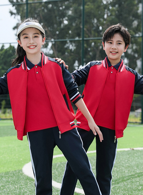 春秋新款中学生校服宽松小学红色班服长袖休闲风夏装T恤三件套装