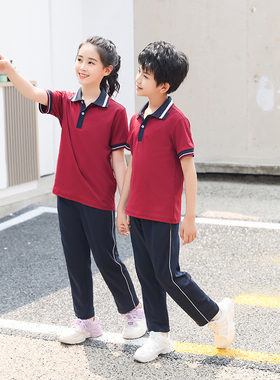 新品夏季红色儿童校服套装初高中班服小学生棉短袖T恤长裤两件套
