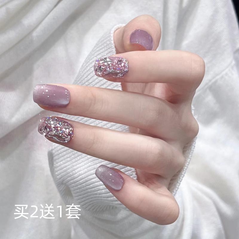 紫色猫眼闪粉手工穿戴甲