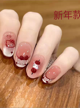 新年kitty猫手工穿戴甲红色蝴蝶结假指甲贴片短款美甲片学生可用