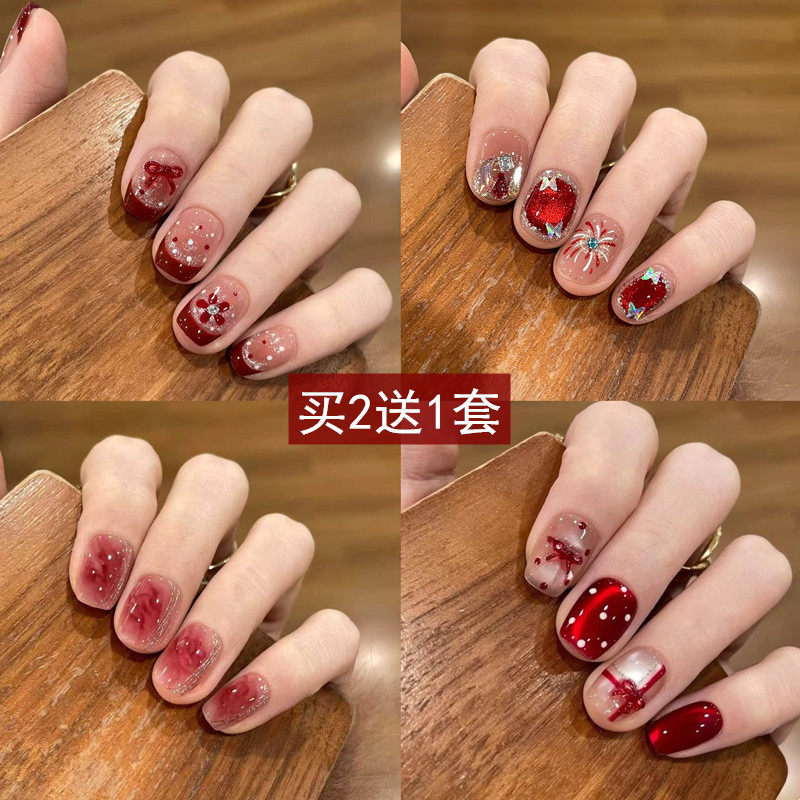 红色穿戴甲新年款蝴蝶结亮片假指甲贴片短款美甲成品孕妇学生可用,彩妆/香水/美妆工具,穿戴甲/甲片,淘宝优惠券,粉丝福利购,淘宝优惠卷