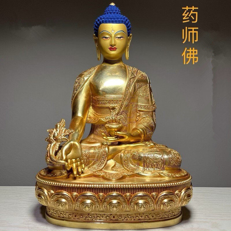 藏传铜鎏金药师三宝释迦佛像摆件
