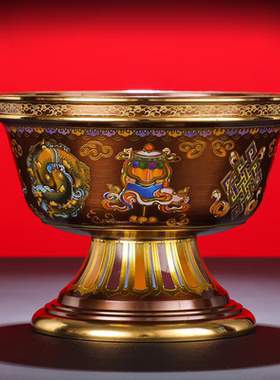 藏传密宗纯铜八吉祥雕花供水碗