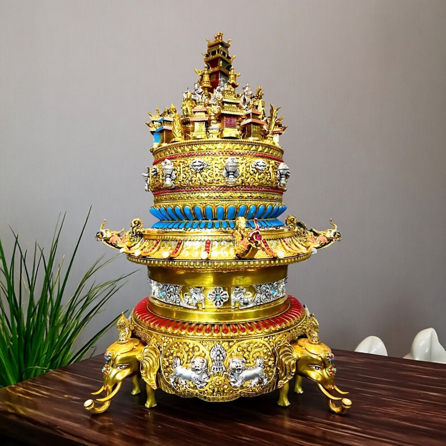 新款精品曼扎盘坛城尼泊尔工艺纯铜手工錾刻居家供奉象宝底座摆件