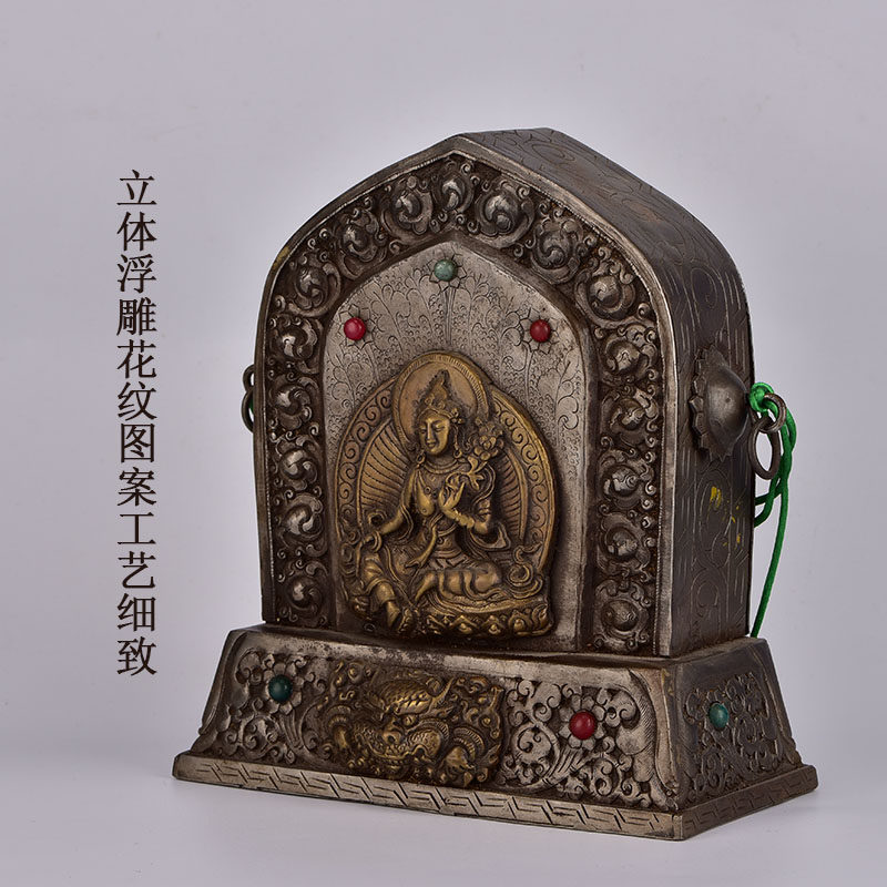 藏式寒铁绿度母噶乌盒家居摆件