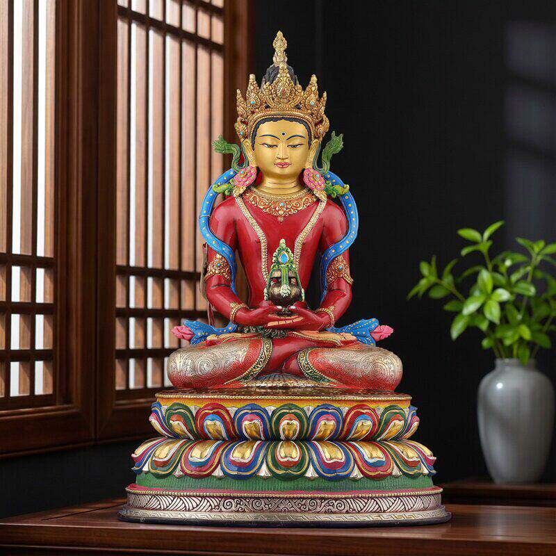 彩绘长寿佛铜佛像尼泊尔手工塹刻居家供奉无量寿佛铜像摆件40.4cm
