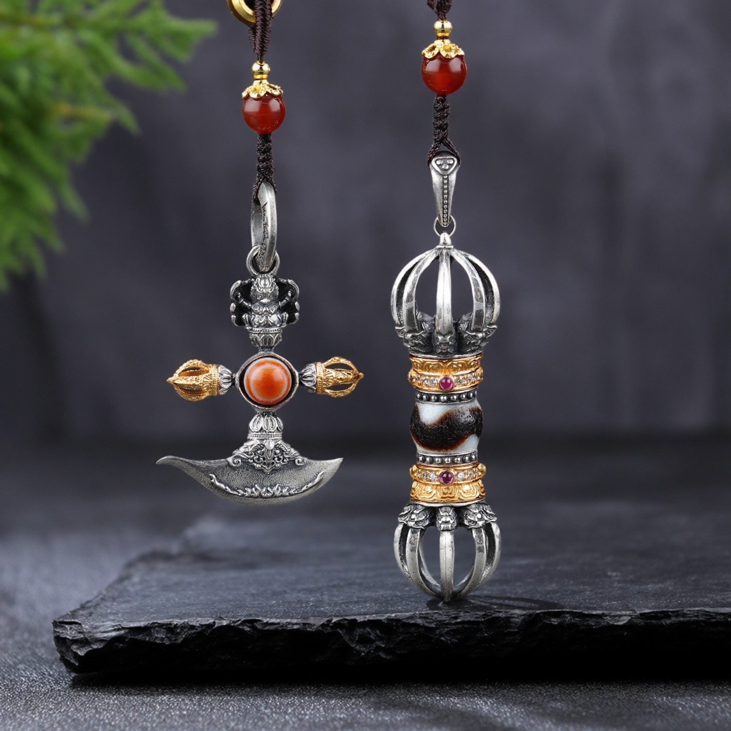 S925银制做旧挂饰挂件虎牙天珠九股金刚杵吊坠单眼钺刀吊坠配饰