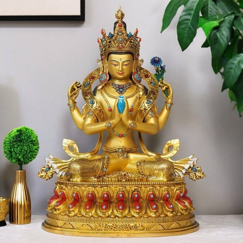 尼泊尔工艺四臂观音佛像半彩绘鎏金纯铜手工錾刻铜雕菩萨像摆件