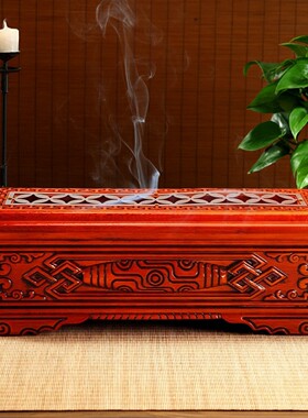 实木天珠雕花线卧香炉橡木薰香炉吉祥供奉香插盒香盒焚香炉摆件