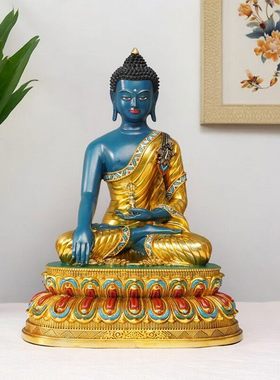 尼泊尔工艺彩绘热矿彩着色不动佛纯铜手工錾刻铜佛像摆件