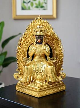 精工扎基拉姆佛像摆件黄铜鎏金雕花开脸女财神迷你铜佛像高约10cm