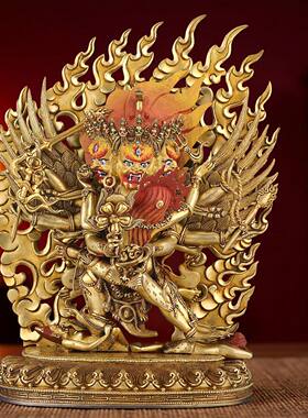 双身马头明王铜佛像尼泊尔手工双身马头金刚铜鎏金造像摆件31.5cm