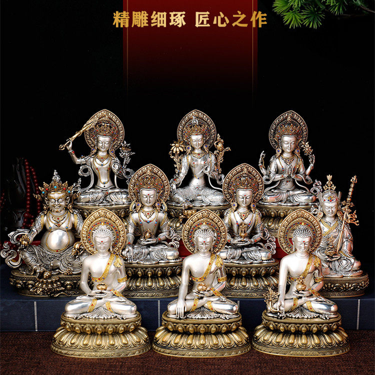 藏传铜鎏金银释迦阿弥药师摆件