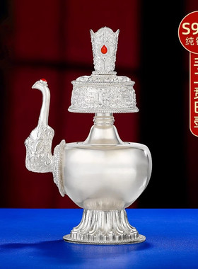 S990纯银镀金手工贲巴壶密宗供具法器纯银净水壶文巴壶大号20cm