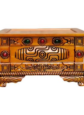 藏式橡木糌粑盒天珠格桑花干果盒收纳箱实木八吉祥糌粑桶精致雕刻