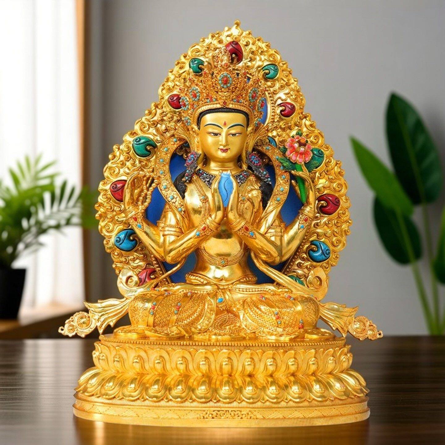尼泊尔工艺带背光四臂观音佛像纯铜手工錾刻彩珠镶嵌观音菩萨铜像