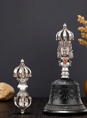 尼泊尔手工九股金刚铃杵纯银金刚杵金刚铃手摇铃铛法器供具摆件