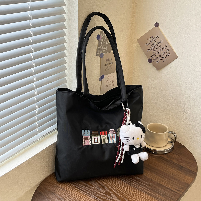 时尚刺绣小房子托特包女新款轻便尼龙布手提包潮流大容量通勤包袋