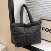 大容量太空棉羽绒手提托特包女2024冬新款 休闲方格洋气单肩通勤包