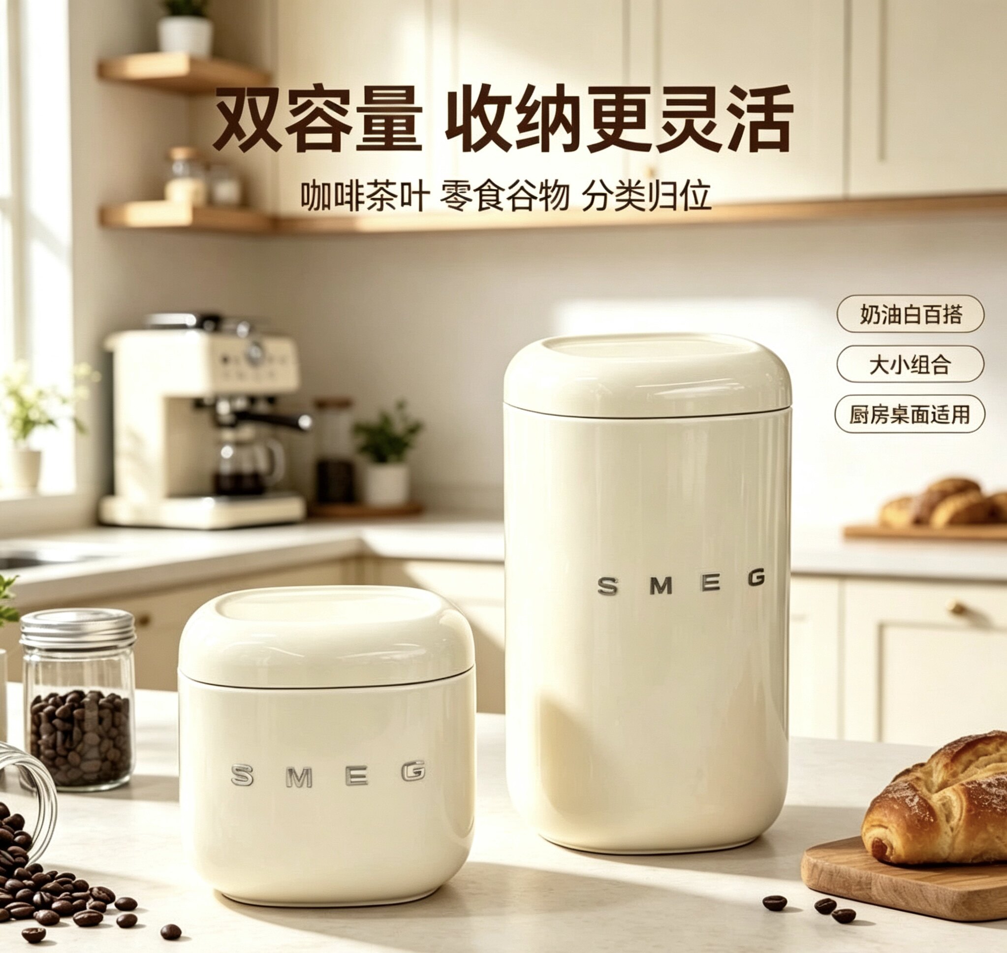 SMEG qəhvə, çay və taxıl üçün nəmə davamlı saxlama qabı, ikili tutum