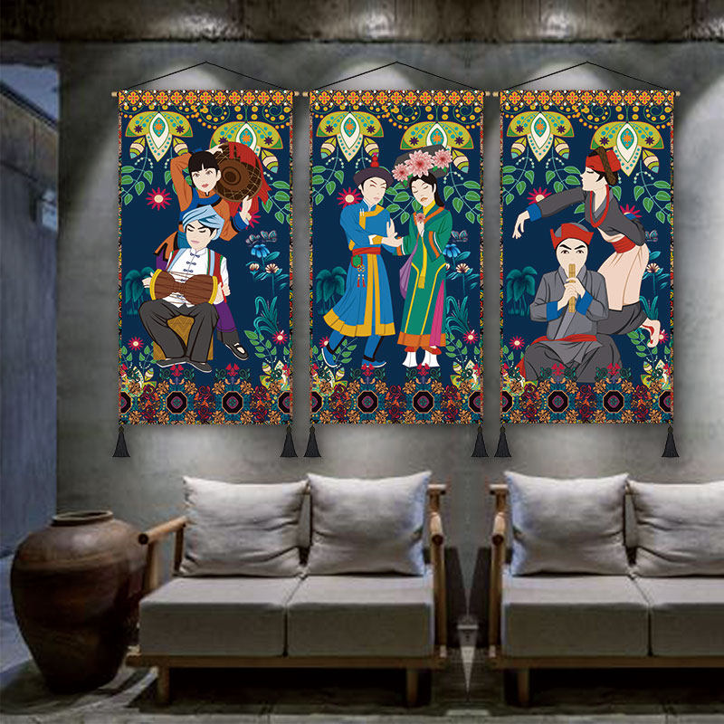 中国少数民族人物风景区民宿布艺装饰画客栈客房大厅挂画墙壁布画