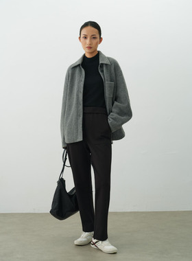 专柜法式极简风灰色毛呢外套女秋冬宽松翻领气质大衣LS53SY111