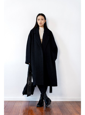 专柜极简风黑色羊毛大衣女长款西装领双面呢外套LS54SY049
