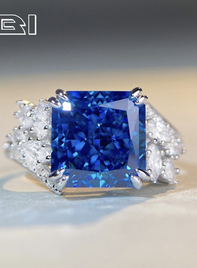 超闪显白培育高碳钻S925纯银深海蓝宝戒指女满钻豪镶原创设计戒指