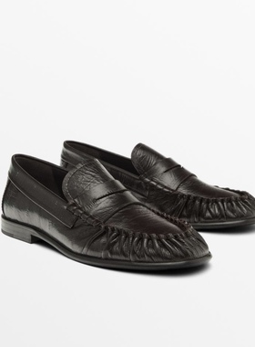 西班牙小众MD女鞋2026早春棕色复古压纹真皮乐福鞋平底单鞋小皮鞋