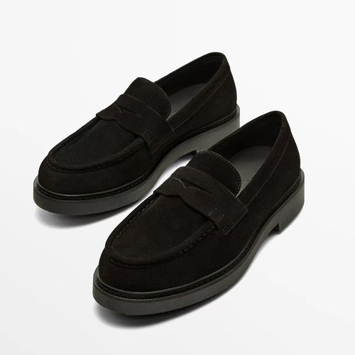 叠式边缘绒面真皮厚底增高乐福鞋