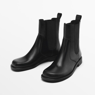 西班牙小众MD女鞋 2024简约平底真皮切尔西靴圆头松紧套筒短靴女