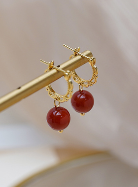 如帆法式复古气质红玛瑙蕾丝耳扣甜美淑女耳环新中式耳饰潮50686
