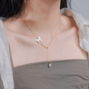 如帆 小众设计感优雅气质蝴蝶珍珠y字项链925纯银锁骨链复古50862