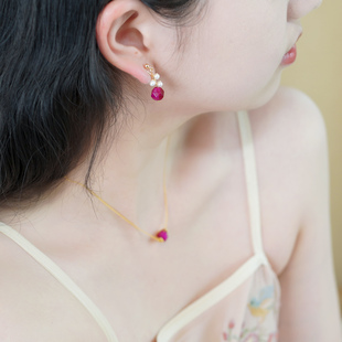 如帆小众复古甜美玫红虎眼石珍珠耳夹无耳洞时尚 少女耳环潮50856