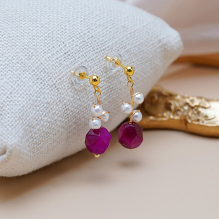 如帆小众甜美复古气质玫红虎眼石珍珠耳钉925纯银优雅耳环女50857