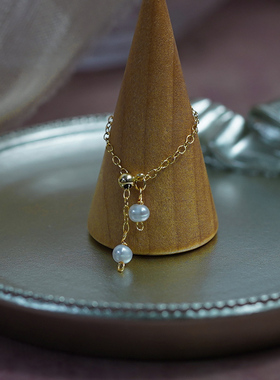 如帆小众简约通勤双珍珠可调节戒指14k包金链条指环气质女412100