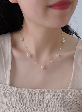 如帆 小众设计感大小白珍珠项链925纯银满天星锁骨链通勤潮40722
