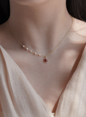如帆小众复古淑女气质绕水滴石榴石珍珠项链法式优雅锁骨链60345