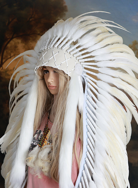 白色羽毛头饰 纯白鸡尾羽毛发冠 酒吧派对表演非洲元素酋长帽子