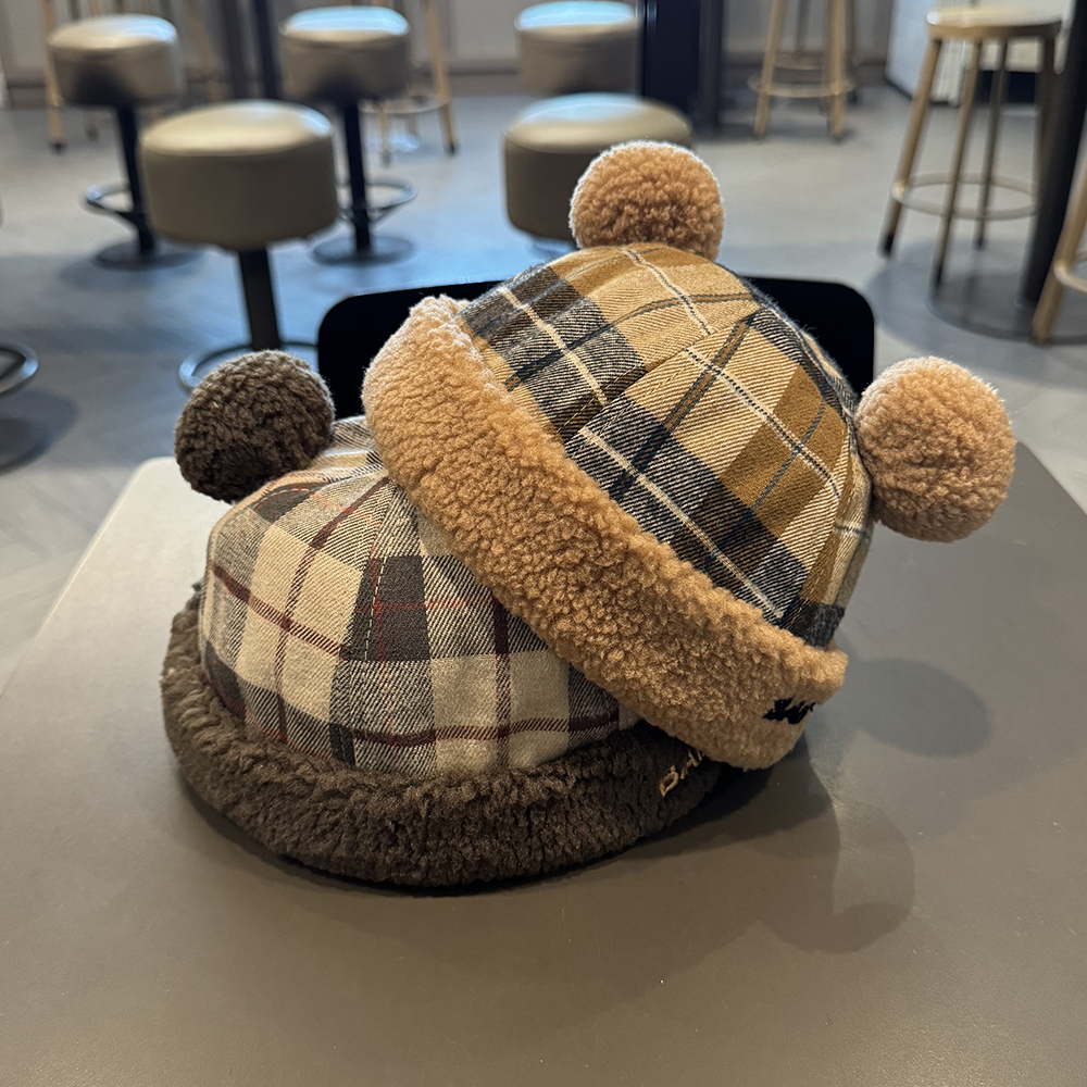 婴儿帽子秋冬款韩版格子男童小熊地主帽冬季男宝宝保暖加厚瓜皮帽