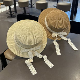 女童春夏防晒遮阳帽子夏天出游沙滩帽可爱百搭韩版 蕾丝蝴蝶结草帽