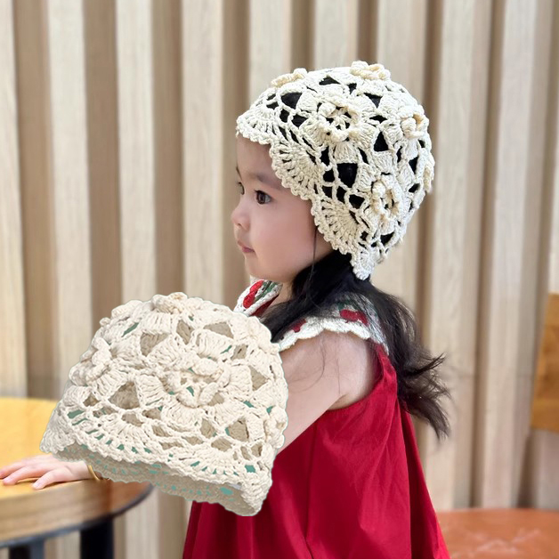 女童时尚针织帽潮日系薄款镂空手工编织帽夏季头巾包头帽蕾丝花朵