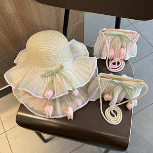 夏天儿童草帽女孩大帽檐遮阳帽女童防晒太阳公主沙滩帽子女夏公主