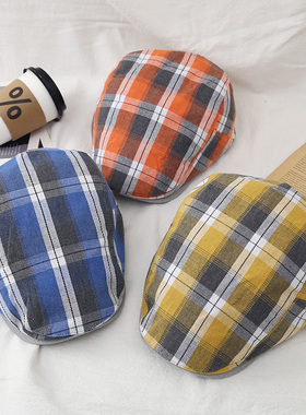 黄色格子多巴胺贝雷帽女夏天2024新款复古帽子薄款鸭舌前进帽潮