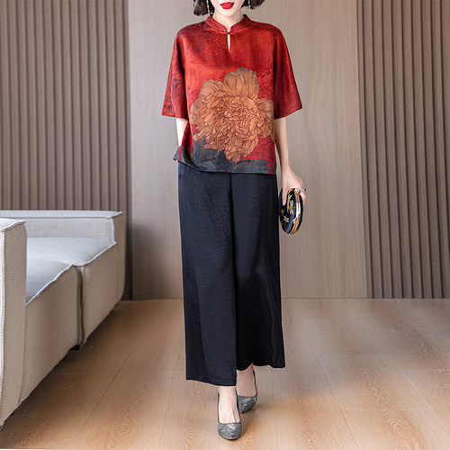 香云纱新中式国风两件套夏季上衣阔腿裤中老年真丝桑蚕丝妈妈套装